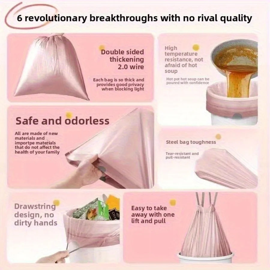 Premium thickened drawstring garbage bags - double-sided design, heat-resistant, tear-resistant, odorless, easy to clean without