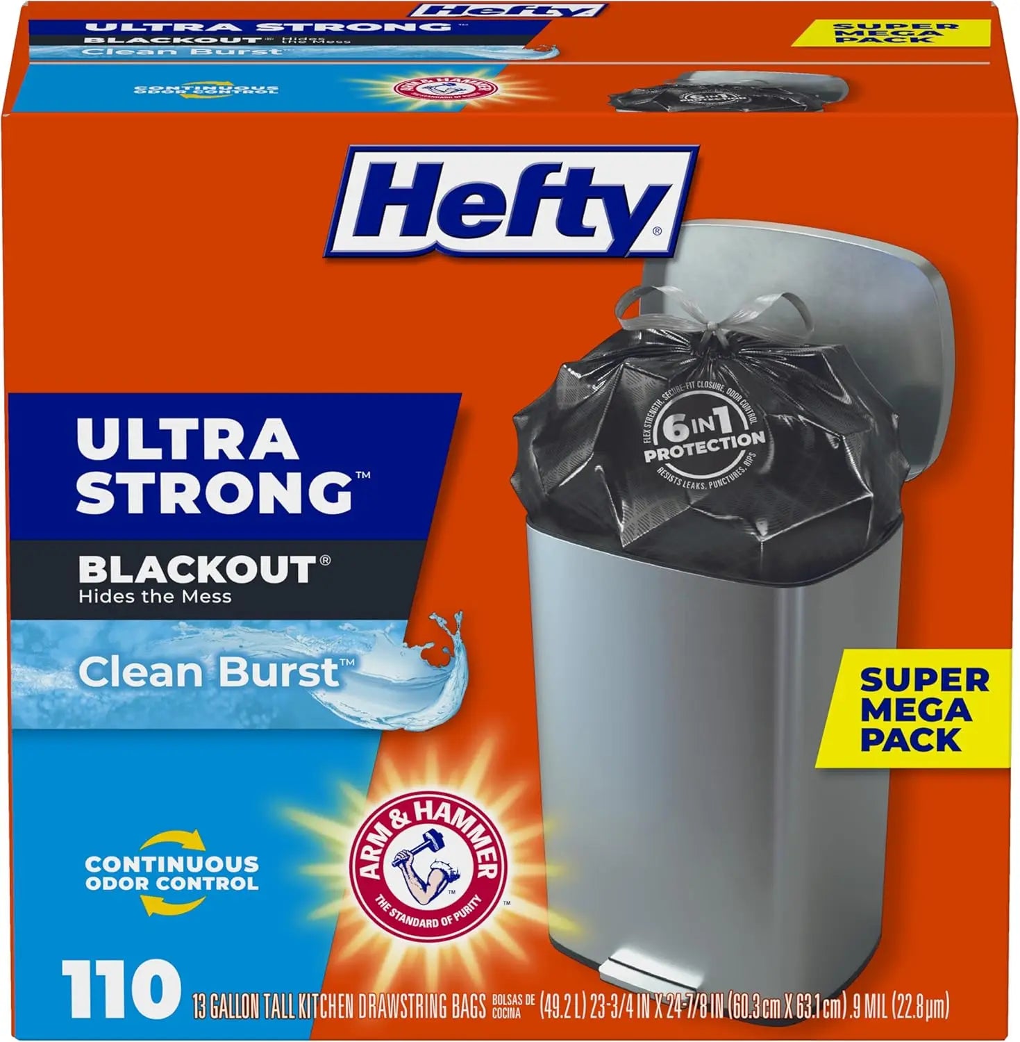 13 Gallon Trash Bags, Ultra Strong Black Kitchen Garbage Bags with Drawstring, 110 Count