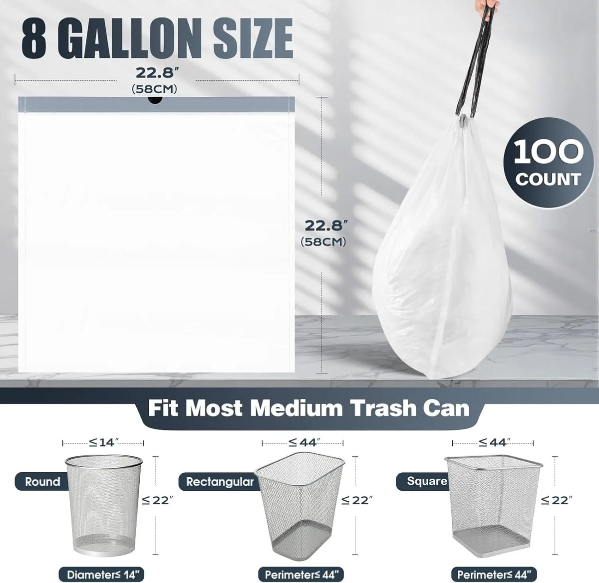 8 Gallon Drawstring Trash Bags - 100 Count, Unscented, Pre-Separated, Medium Garbage Bags