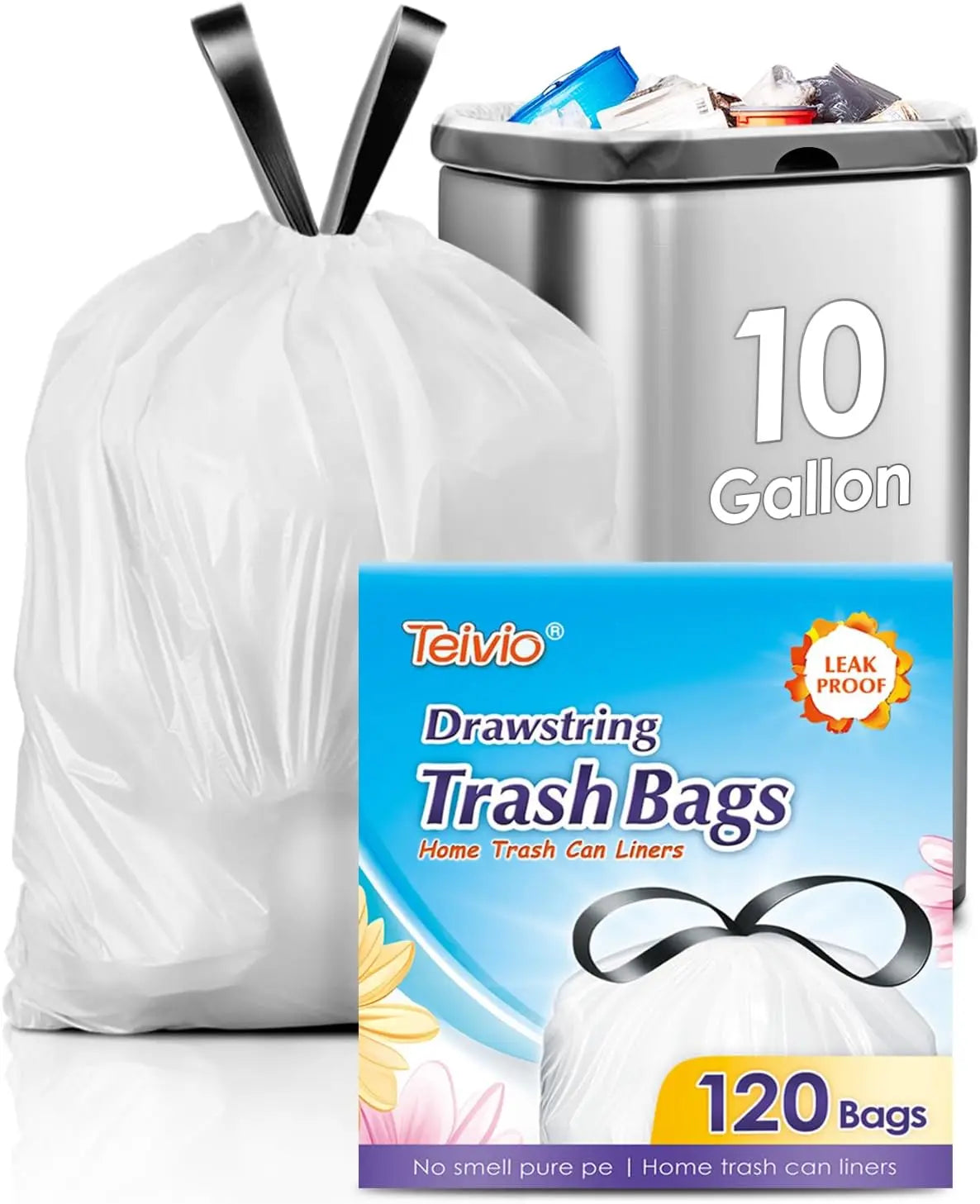 10 Gallon 120 Counts Strong Drawstring Trash Bags, White Plastic Garbage Bags for Home Office Kitchen Bathroom