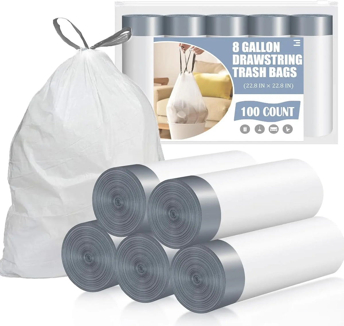 8 Gallon Drawstring Trash Bags - 100 Count, Unscented, Pre-Separated, Medium Garbage Bags