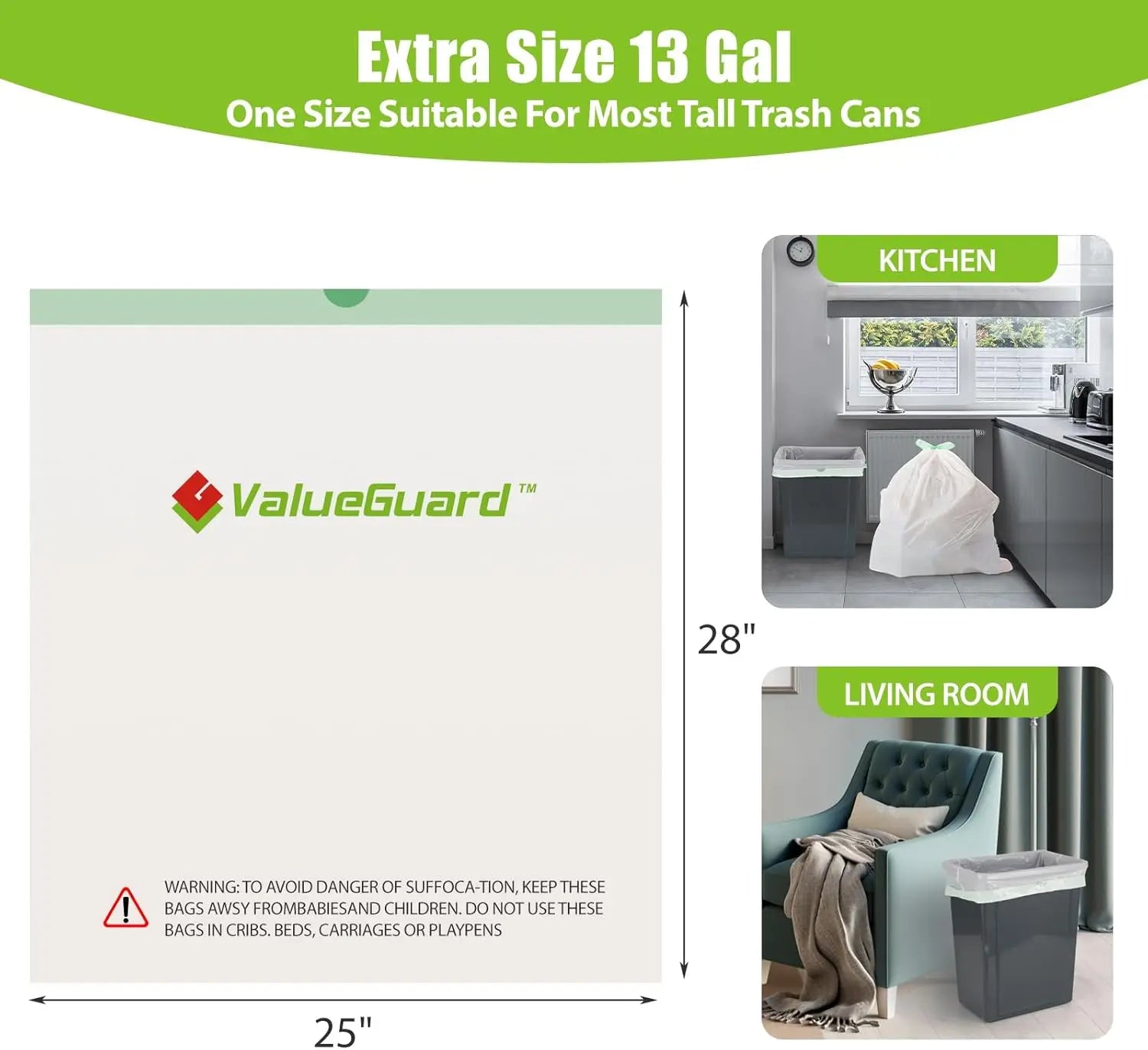 Large Trash Bags 13 Gallon Tall Kitchen Drawstring Garbage Bags for Office, 110 Count