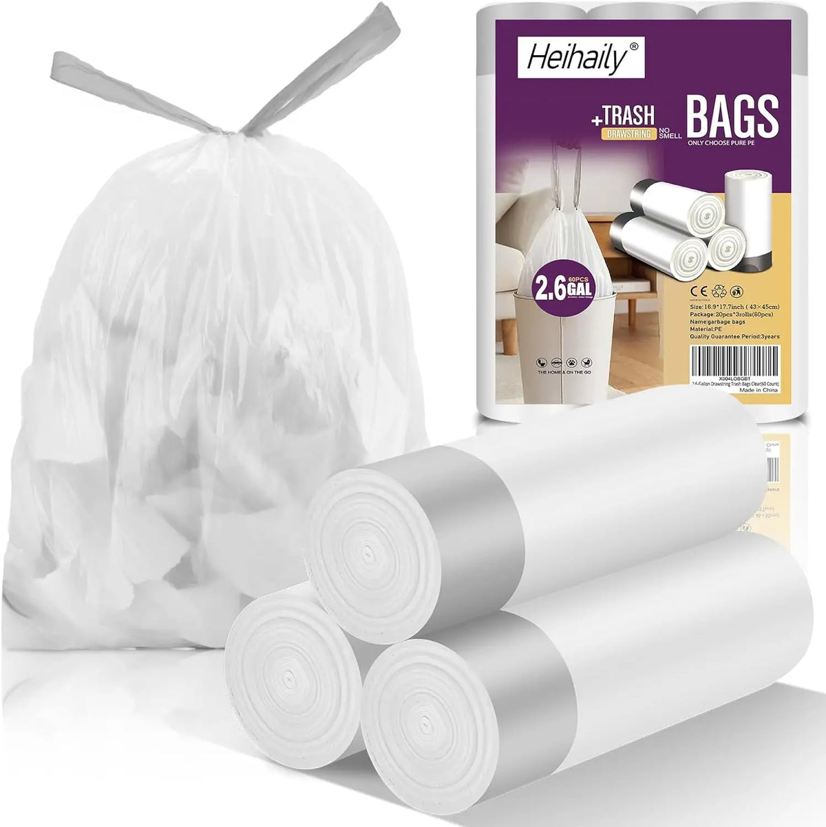2.6-Gallon Trash Bags Heavy Duty Drawstring Kitchen Garbage Bags for Office/Bathroom, Leak-Proof & Odor Control, 60 Count Clear